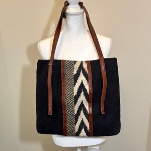 Lucky Brand Black Canvas Tote with Brown Leather Straps and Chevron Center